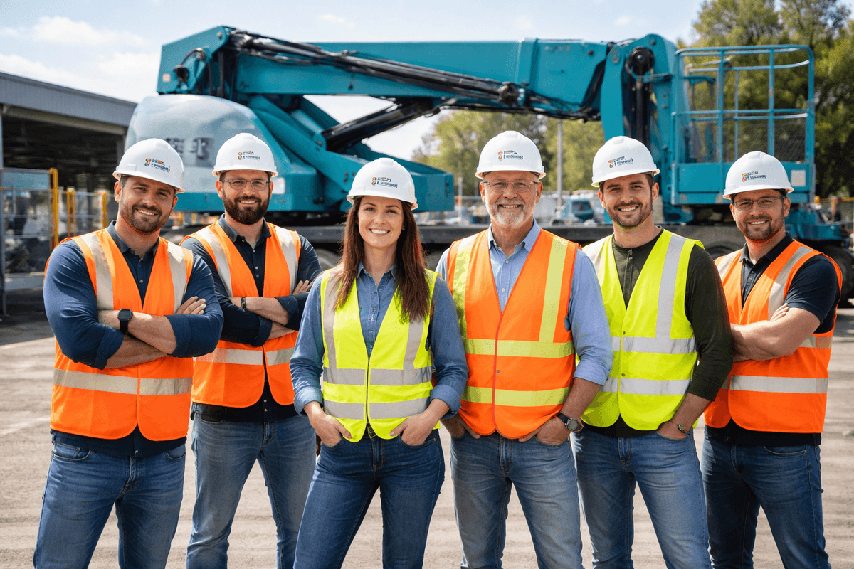 Equipo de profesionales CF Rental con cascos y chalecos de seguridad junto a plataformas de elevación