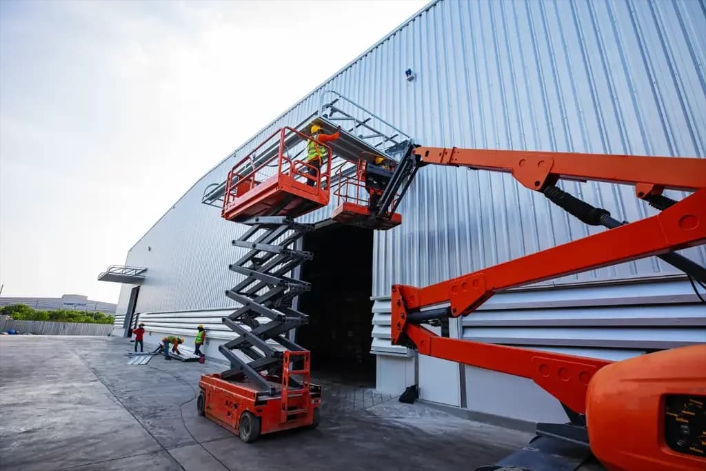 Plataforma tijera eléctrica y brazo articulado trabajando en faena industrial en bodega