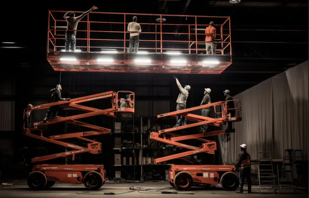 Trabajadores en altura sobre plataformas elevatorias tipo tijera en faena industrial nocturna